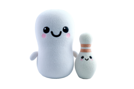 Adorable white plush ghost and bowling pin toys together fun cute soft on transparent background