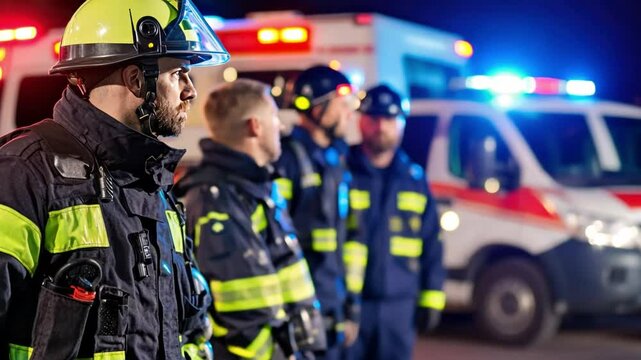 Emergency Response Team in Uniforms Standing Together at Night Near Ambulance with Flashing Lights