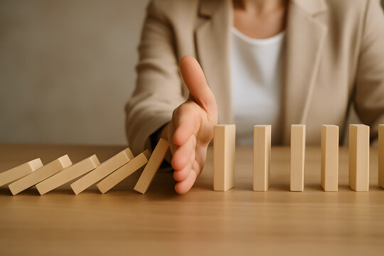 Strategic Intervention: A hand strategically stops a cascade of wooden dominoes, symbolizing control, prevention, and intervention in a visual metaphor for managing challenges