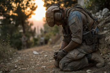 Soldier crouches on trail, vigilant and camouflaged in forest setting, holding a rifle.