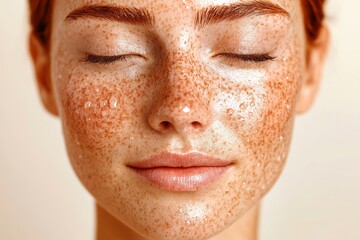 Fototapeta premium A beautiful female model is used to represent the concept of dry skin care and beauty through the application of a hyaluronic acid moisturizing serum on her wet face