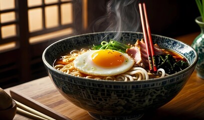 Steaming spicy ramen served in a ceramic bowl with egg, seaweed, pork, and green onion, enhanced by dramatic, warm restaurant lighting and chopsticks resting neatly on top.