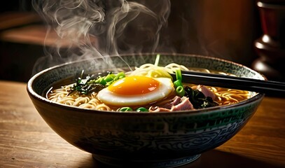 Steaming spicy ramen served in a ceramic bowl with egg, seaweed, pork, and green onion, enhanced by dramatic, warm restaurant lighting and chopsticks resting neatly on top.