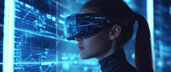 virtual reality vr headset technology digital world data future concept illustration with communication connections blue dot lines around woman face’ becomes ‘illustration of a woman surrounded by