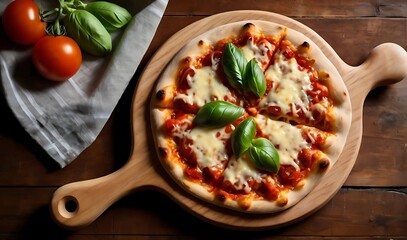 Top-down view of homemade pizza with melted cheese, fresh basil, and tomato sauce served on a wooden paddle in a rustic kitchen setting, capturing warm and inviting culinary charm.