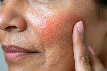 Obraz premium A young Caucasian woman's face is shown in closeup, exhibiting perioral dermatitis symptoms around her mouth, highlighting skin issues and dermatological conditions