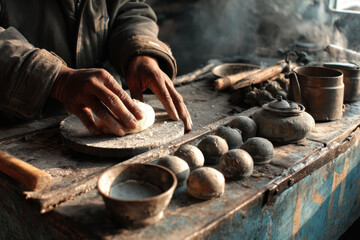Person making pottery on a table surrounded by various clay tools and ceramic pots. Bright lit room with shelves full of colorful paints in the background.
