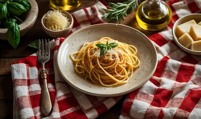 Flat lay of an Italian dinner with spaghetti aglio e olio, parmesan, olive oil, and breadsticks on a rustic table, accented by a red checkered napkin and warm natural lighting.