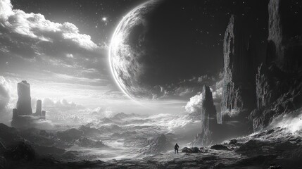 Monochrome vista featuring a lone explorer gazing at an ethereal world landscape