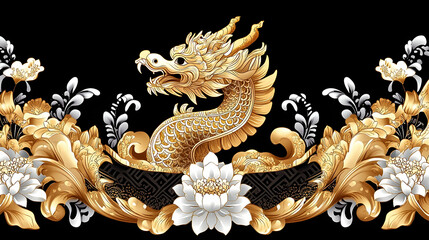 Ornate gold dragon design with white flowers on a black background.