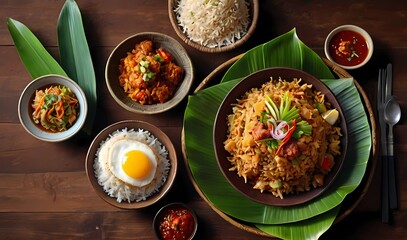 Delicious traditional Indonesian food including nasi goreng, sate ayam, sambal, and kerupuk, presented on a wooden table with banana leaf accents.
