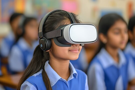 An Indian student utilizes a virtual reality vision headset to enhance their studies, symbolizing the future of VR Pro technology and its potential applications - Powered by Adobe