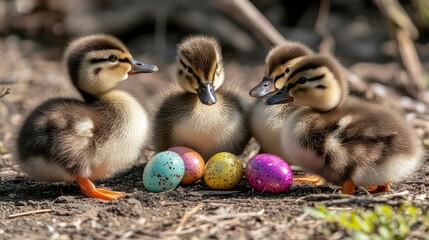 Four Fluffy Brown Ducklings and Colorful Easter Eggs Outdoors