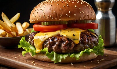 Close-up of a juicy burger with melted cheese, lettuce, tomato, and sesame seed bun, served on a wooden board with crispy fries on the side, captured in photorealistic studio lighting.