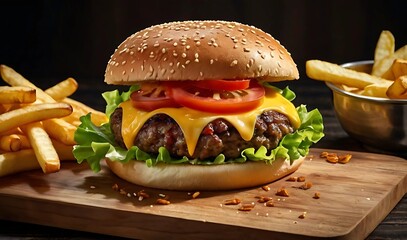 Close-up of a juicy burger with melted cheese, lettuce, tomato, and sesame seed bun, served on a wooden board with crispy fries on the side, captured in photorealistic studio lighting.