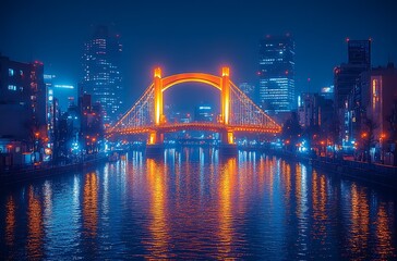 Illuminated bridge reflecting on river surrounded by buildings at night