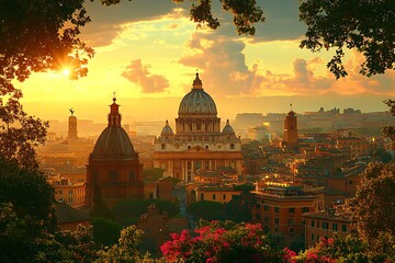 Obraz premium Breathtaking sunset over rome featuring st peters basilica and scenic view