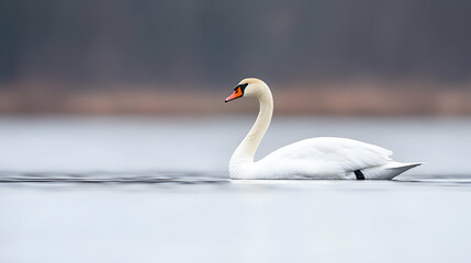 Obraz premium Elegant White Swan Swimming on Calm Water Surface with Soft Light and Blurred Background