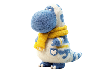 Adorable knitted dinosaur toy wearing yellow scarf winter season fun cute on transparent background
