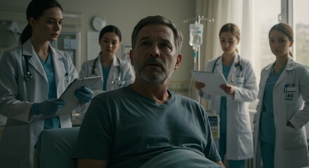 Worried Patient Surrounded by Concerned Medical Professionals in a Hospital Room A Powerful Image Depicting Healthcare and Compassion