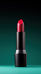 Obraz premium Bright red lipstick on a sleek black holder against a dark background