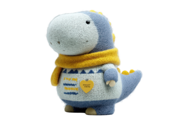 Adorable knitted dinosaur toy wearing a yellow scarf winter outfit 3d fun on transparent background