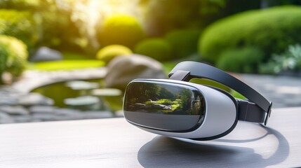 A home office features a VR headset displaying a serene meditation environment, complete with a virtual Zen garden visible through its lenses to promote relaxation