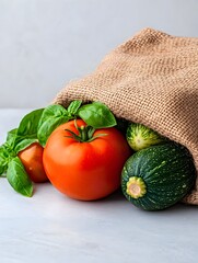 Ripe tomatoes, zucchini, and basil spill from a burlap sack onto a light wood surface