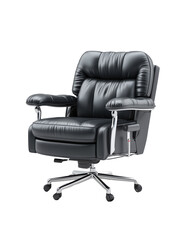 A luxurious black leather executive office chair with padded cushions, adjustable armrests, and a sturdy chrome base. The design is ideal for professional workspaces, offering comfort and support for 