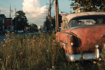 Old car in a field of weeds, rusted & abandoned. Nature reclaiming its space, with bright green weeds growing all around the vintage vehicle.