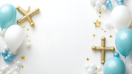 Baby boy shower balloons with gold cross.