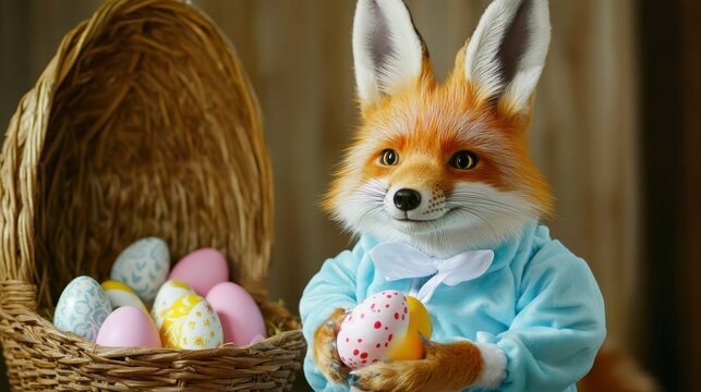 Pastel Easter Eggs and a Cute Fox in a Light Blue Outfit