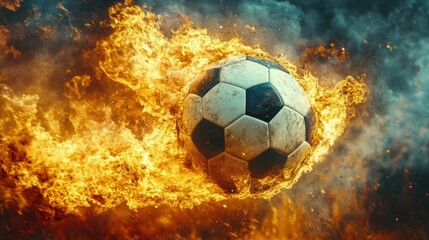 Fototapeta premium Fiery soccer ball in flames. A soccer ball surrounded by intense flames, amidst smoke and sparks. Dramatic imagery, suggesting passion and intensity