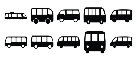 Diverse Black Silhouette Bus and Transport Collection on White Background Illustration