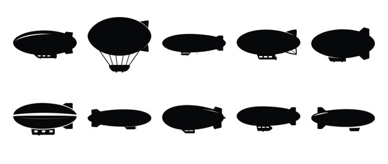Black silhouette collection of various blimps, dirigibles, and airships in flight © Tanjila
