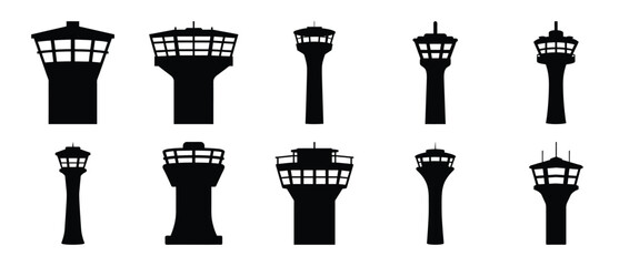 Ten Different Silhouettes of Airport Control Towers on a White Background