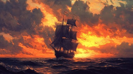 Obraz premium Majestic Tall Ship Sailing Under a Fiery, Dramatic Sunset Sky at Open Sea