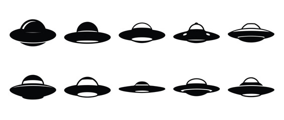 Collection of simple black and white UFO icons in a grid pattern