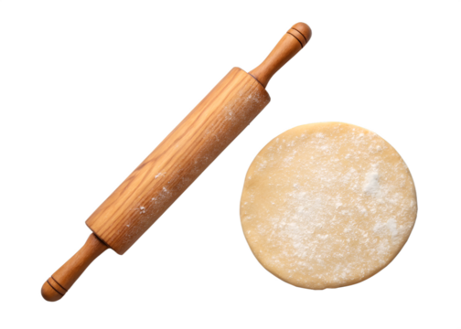 Rolling pin with dough on gray background