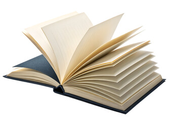 Open hardcover book on white background