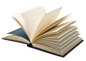 Open hardcover book on white background