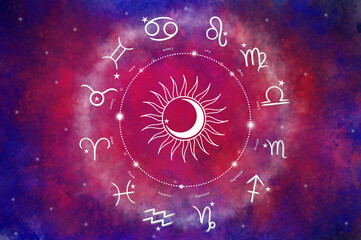 Western astrology circle with 12 zodiac symbols on a beautiful colorful starry space background. Vector illustration.