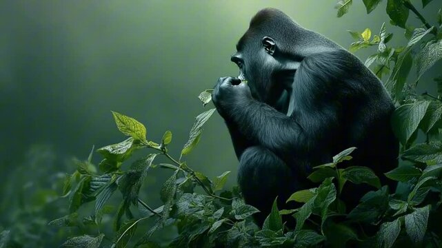 A serene gorilla sitting among lush jungle foliage.

