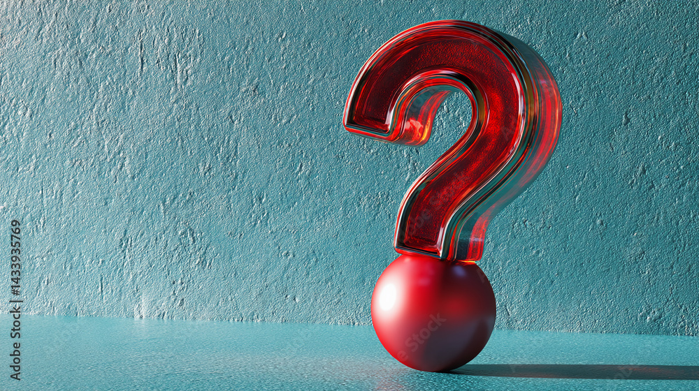 Poster red glass question mark on red sphere against teal textured background, showcasing inquiry, uncertai