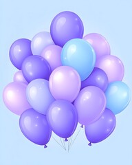 A cluster of pastel purple and light blue balloons, tied together, floats against a light blue background