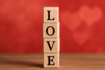 Wooden cubes spelling love on a table with red background