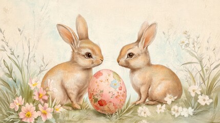Obraz premium Two Brown Rabbits with Decorated Easter Egg in Flower Field