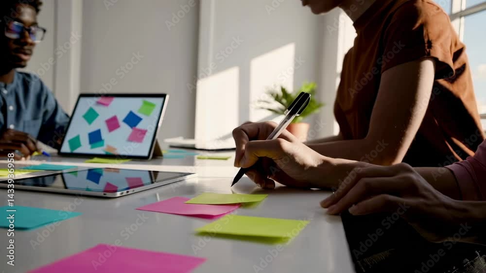 Poster business professionals collaborating with sticky notes and digital devices, strategizing in bright m