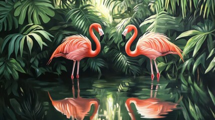 Obraz premium Two Pink Flamingos Reflecting in Tropical Lagoon