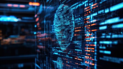 A futuristic digital display featuring a pixelated skull image, surrounded by flowing lines of blue and orange code.